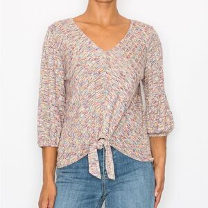 W5 by Anthropologie Multi Color Space Dye Tie Front 3/4 Sleeve Sweater Medium